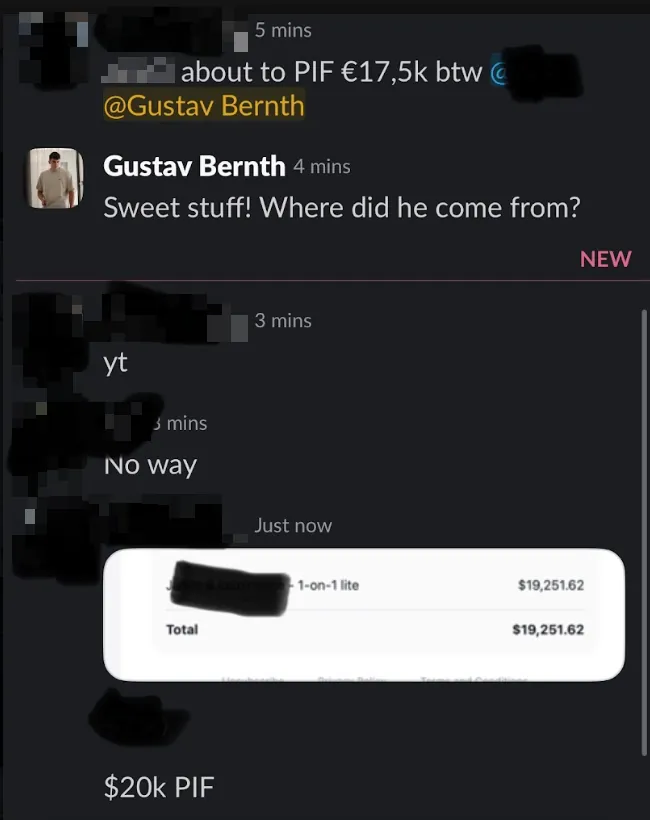 Team chat: about to pay €17.5k in full, $20k paid in full closed