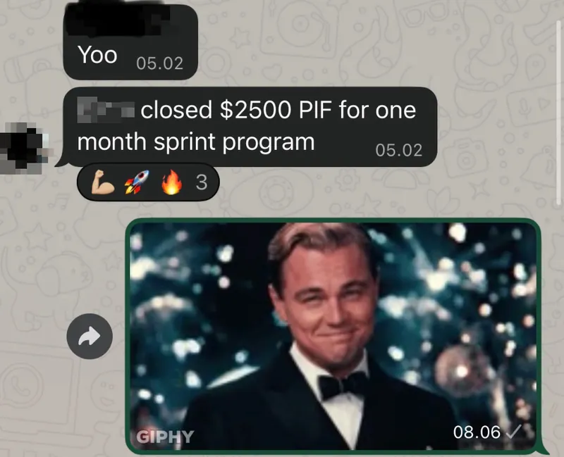 Client message: closed $2500 paid in full for one month sprint program